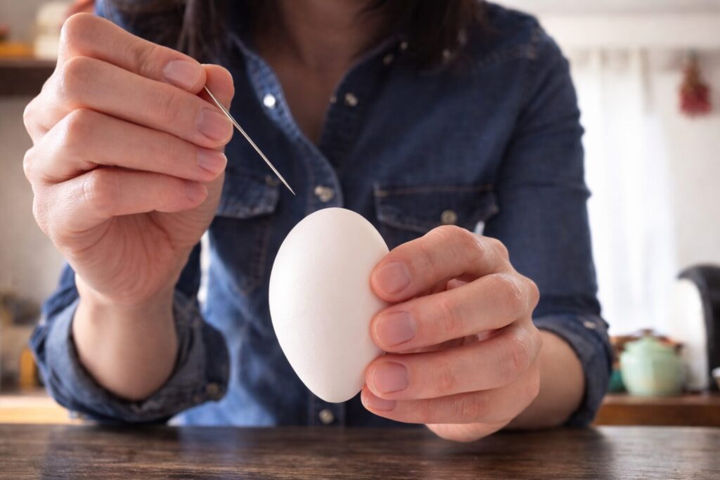 卵の殻にまち針で少し大きめの穴を開ける